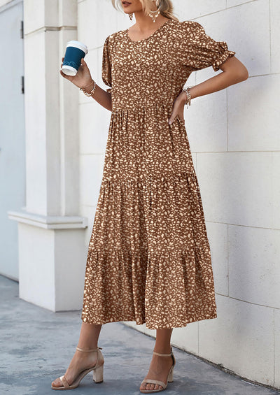 PRETTYGARDEN Women's Summer Casual Floral Boho Dress Puff Short Sleeve Ruffle Flowy Beach Party Midi Dresses