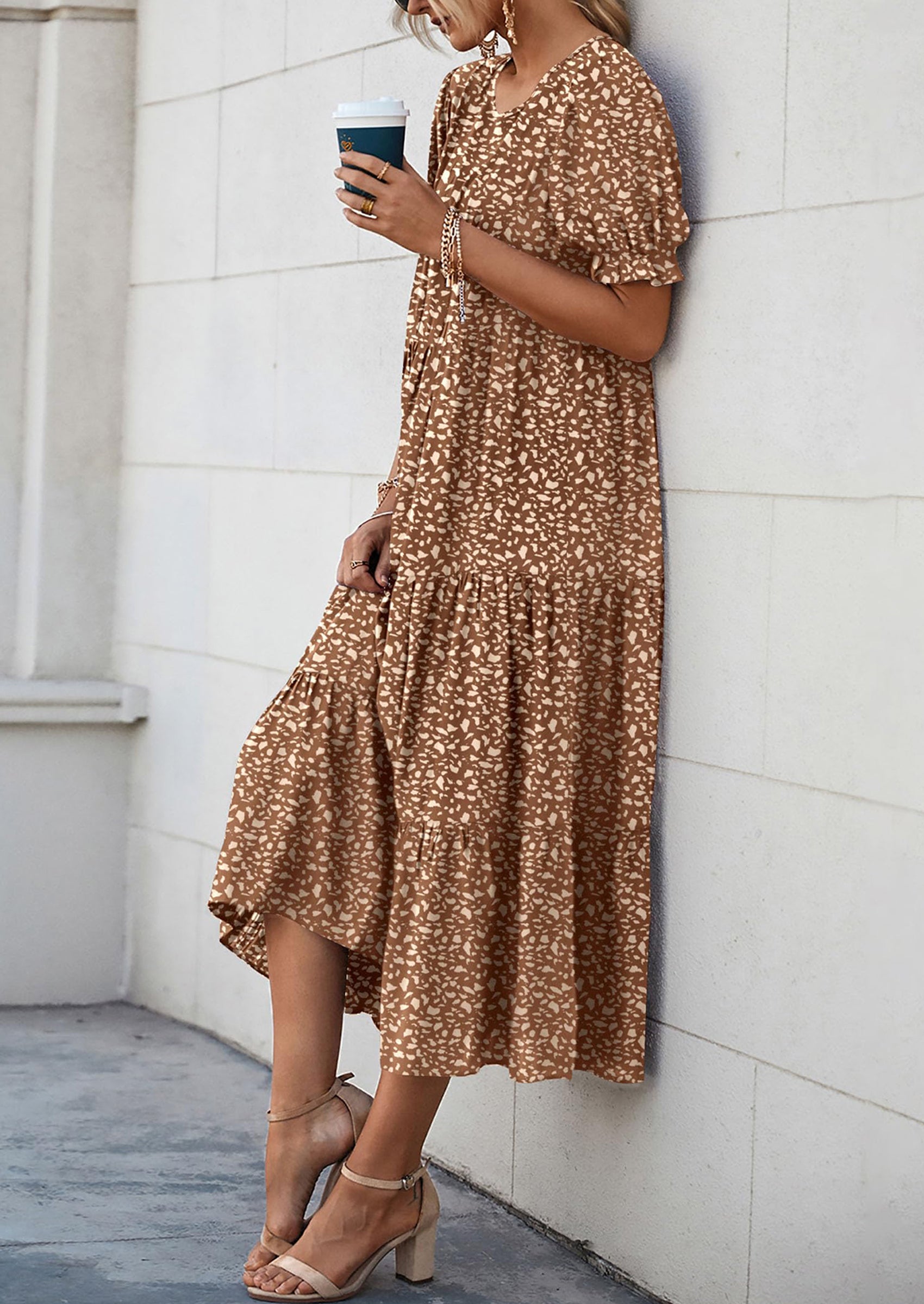 PRETTYGARDEN Women's Summer Casual Floral Boho Dress Puff Short Sleeve Ruffle Flowy Beach Party Midi Dresses