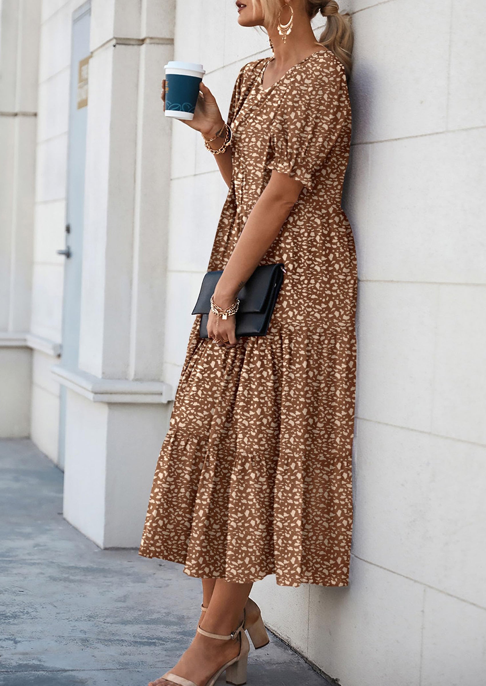 PRETTYGARDEN Women's Summer Casual Floral Boho Dress Puff Short Sleeve Ruffle Flowy Beach Party Midi Dresses