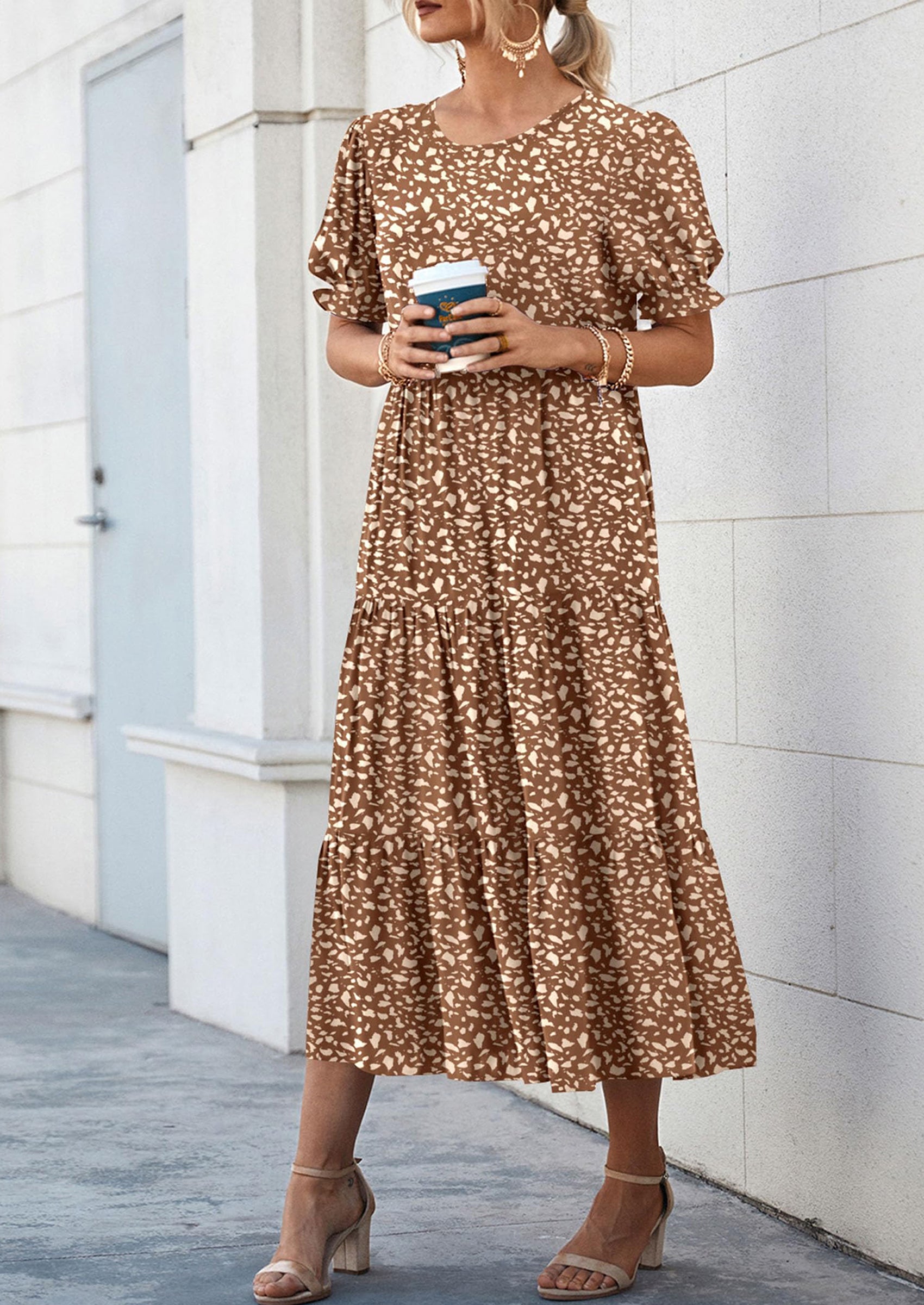 PRETTYGARDEN Women's Summer Casual Floral Boho Dress Puff Short Sleeve Ruffle Flowy Beach Party Midi Dresses