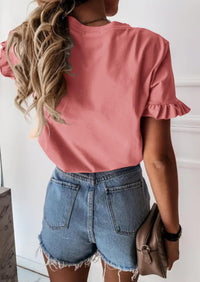 PRETTYGARDEN Women's Short Sleeve Casual T Shirts Summer Ruffle Plain Round Neck Loose Fit Tee Blouse Tops