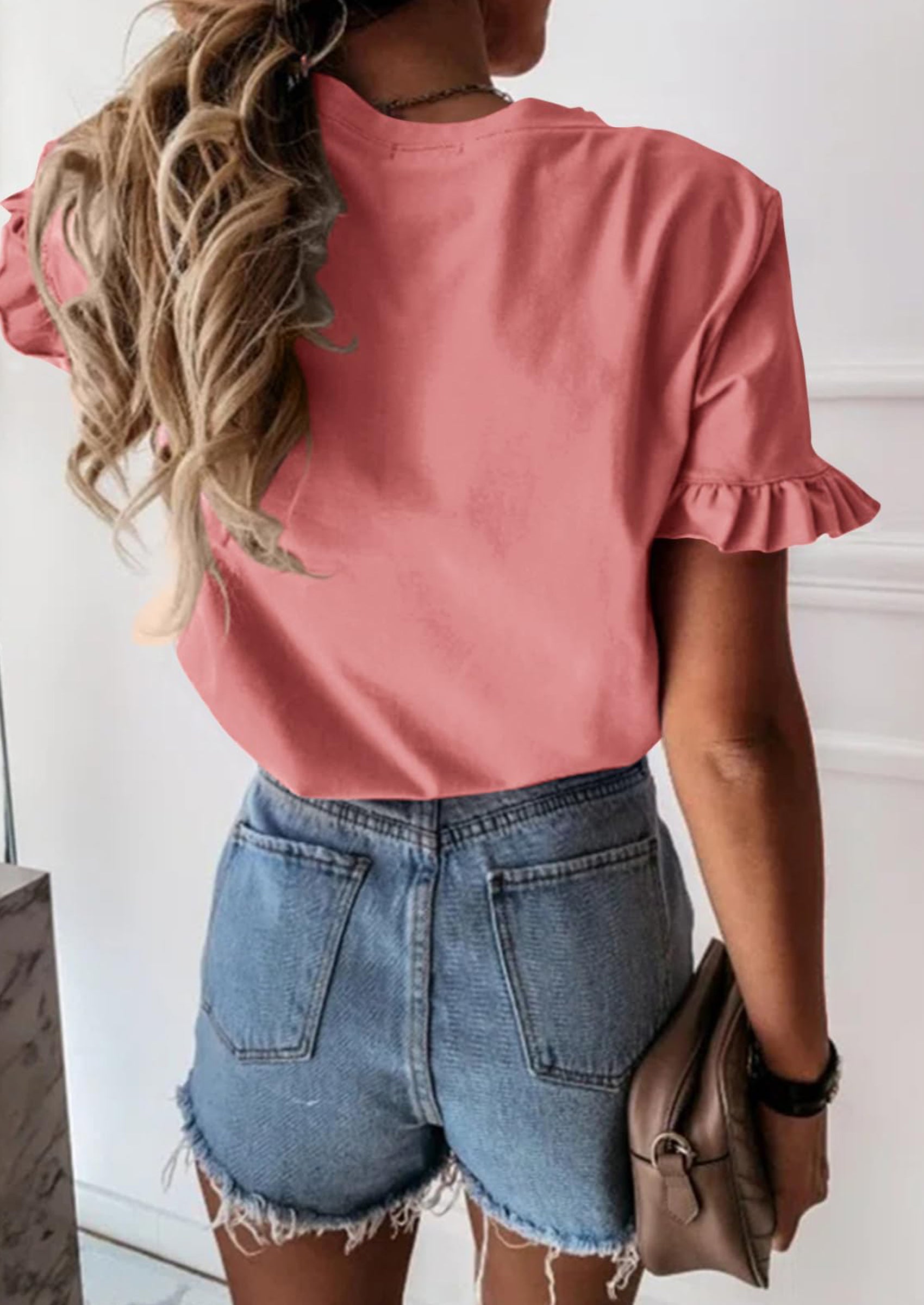 PRETTYGARDEN Women's Short Sleeve Casual T Shirts Summer Ruffle Plain Round Neck Loose Fit Tee Blouse Tops