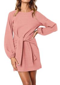 PRETTYGARDEN Womens Fall Elegant Long Lantern Sleeve Short Dress Wedding Guest Crewneck Tie Waist Knit Cocktail Dresses PRETTYGARDEN