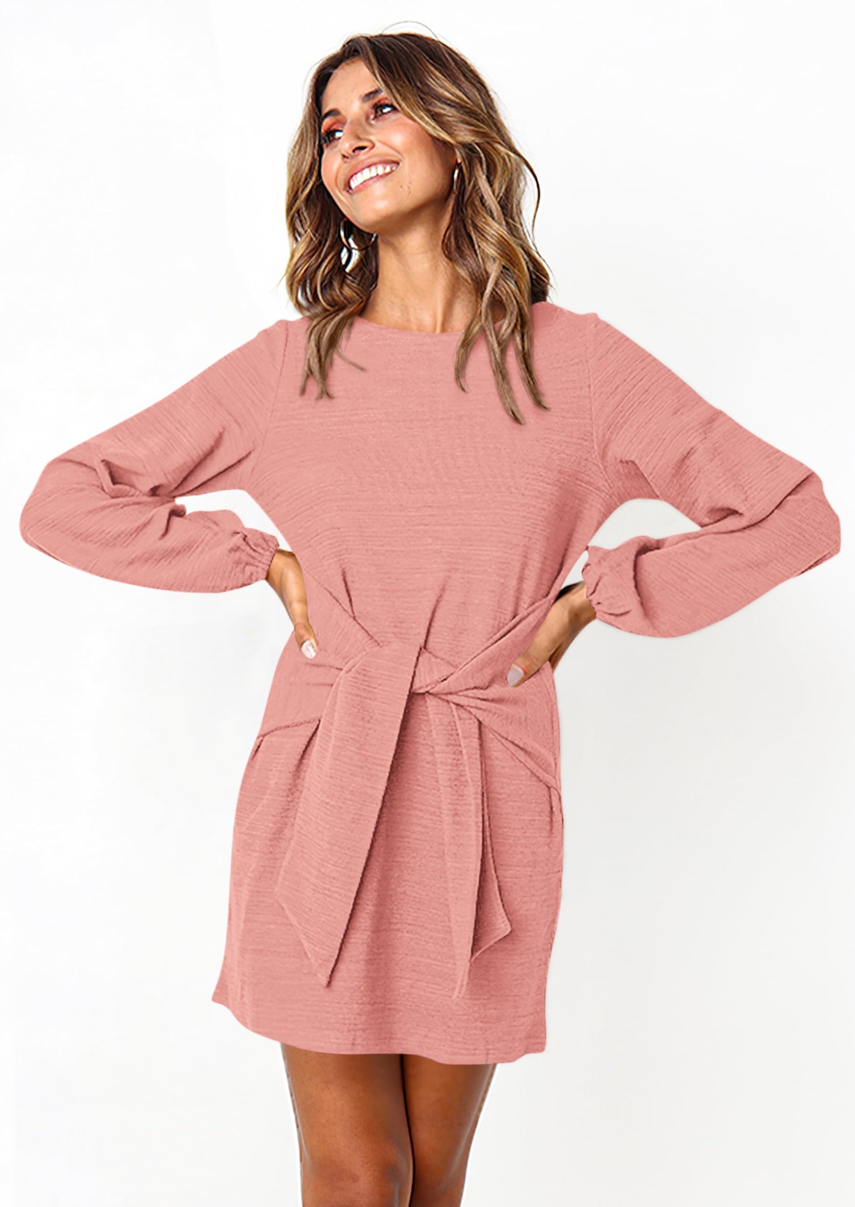 PRETTYGARDEN Womens Fall Elegant Long Lantern Sleeve Short Dress Wedding Guest Crewneck Tie Waist Knit Cocktail Dresses PRETTYGARDEN