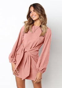 PRETTYGARDEN Womens Fall Elegant Long Lantern Sleeve Short Dress Wedding Guest Crewneck Tie Waist Knit Cocktail Dresses PRETTYGARDEN