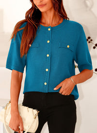 Summer Button Down Shirts Casual Short Sleeve Crew Neck Ribbed Knit Blouse Top Cardigans