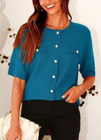 Button Down Casual Short Sleeve Crew Neck Ribbed Knit Shirts