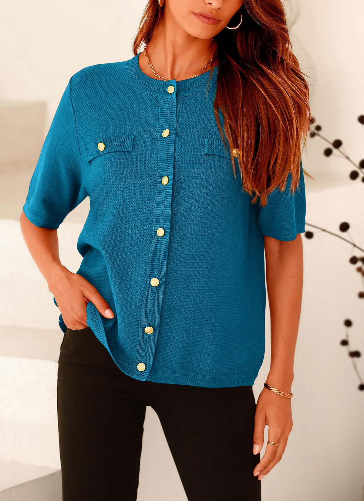 Summer Button Down Shirts Casual Short Sleeve Crew Neck Ribbed Knit Blouse Top Cardigans