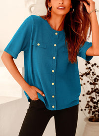 Button Down Casual Short Sleeve Crew Neck Ribbed Knit Shirts