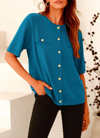 Button Down Casual Short Sleeve Crew Neck Ribbed Knit Shirts