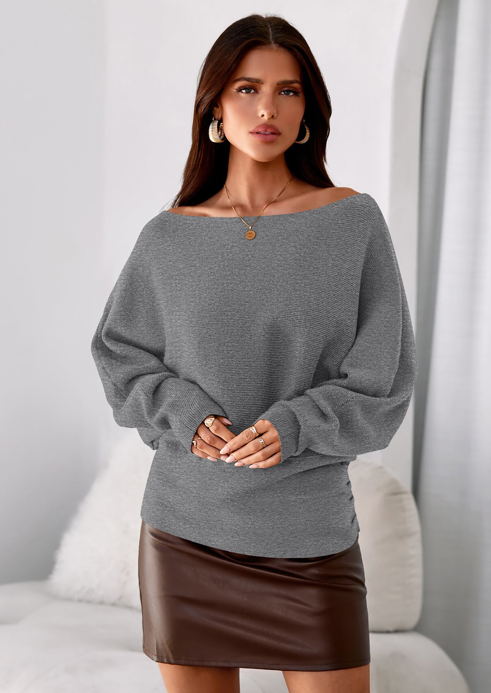 PRETTYGARDEN Women Off The Shoulder Sweater Fall Trendy Long Batwing Sleeve Knit Pullover Going Out Tops Winter Clothing