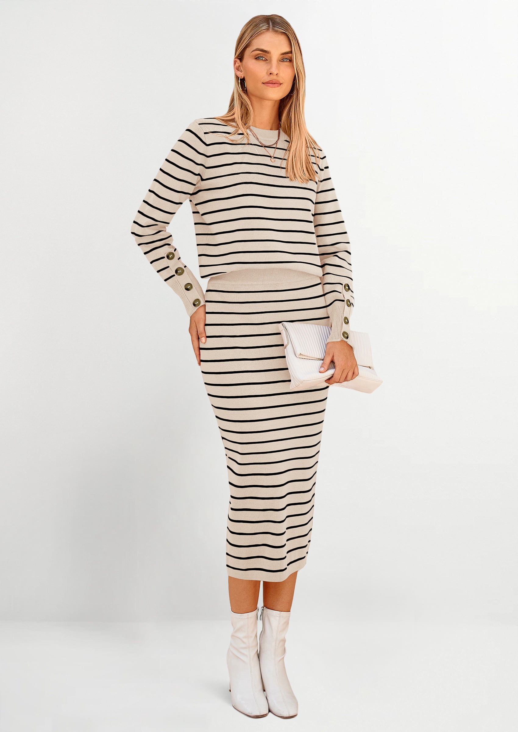 PRETTYGARDEN 2 Piece Skirts Sets For Women Fall Fashion Striped Sweater Dress Knit Lounge Travel Outfits Winter Clothing