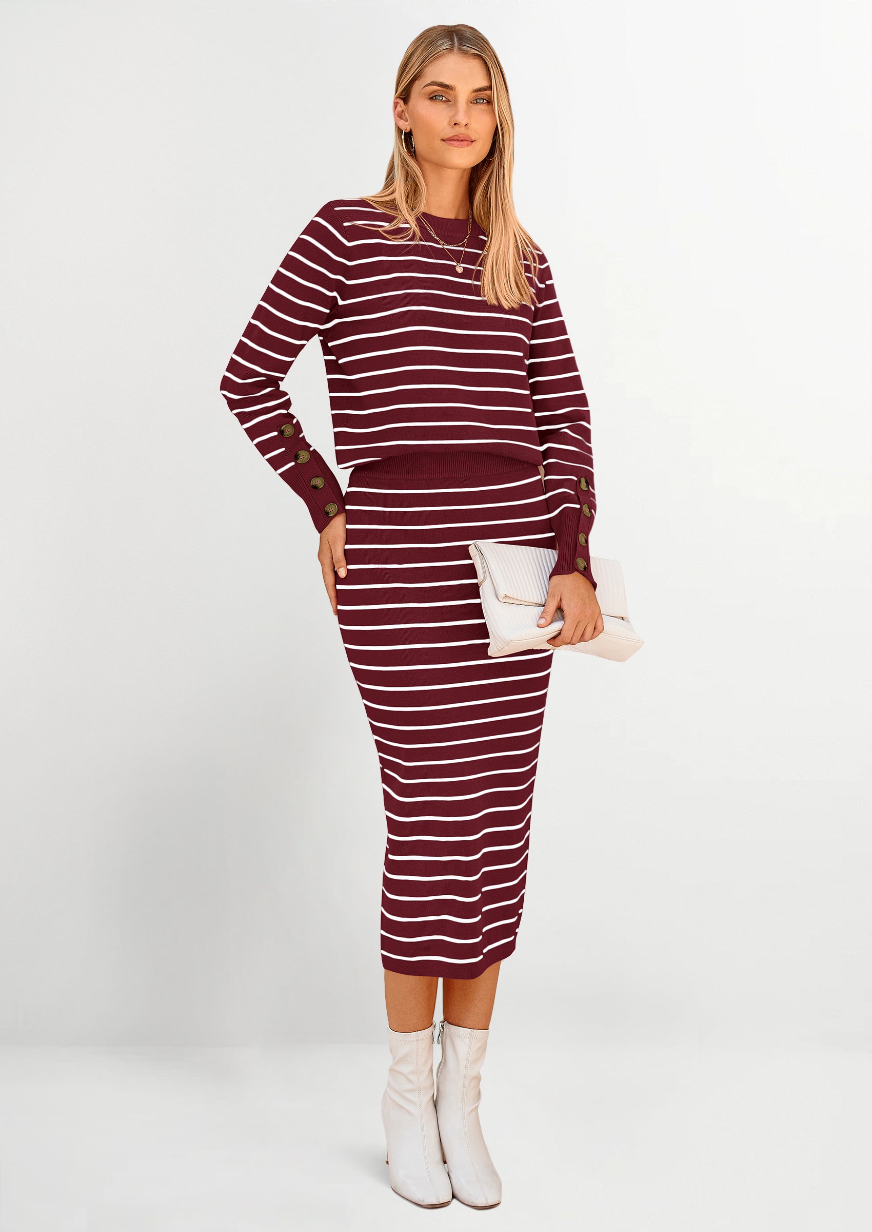 PRETTYGARDEN 2 Piece Skirts Sets For Women Fall Fashion Striped Sweater Dress Knit Lounge Travel Outfits Winter Clothing