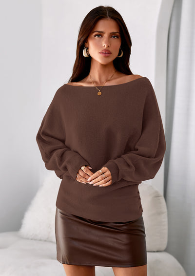 PRETTYGARDEN Women Off The Shoulder Sweater Fall Trendy Long Batwing Sleeve Knit Pullover Going Out Tops Winter Clothing