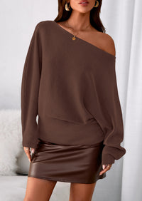 PRETTYGARDEN Women Off The Shoulder Sweater Fall Trendy Long Batwing Sleeve Knit Pullover Going Out Tops Winter Clothing