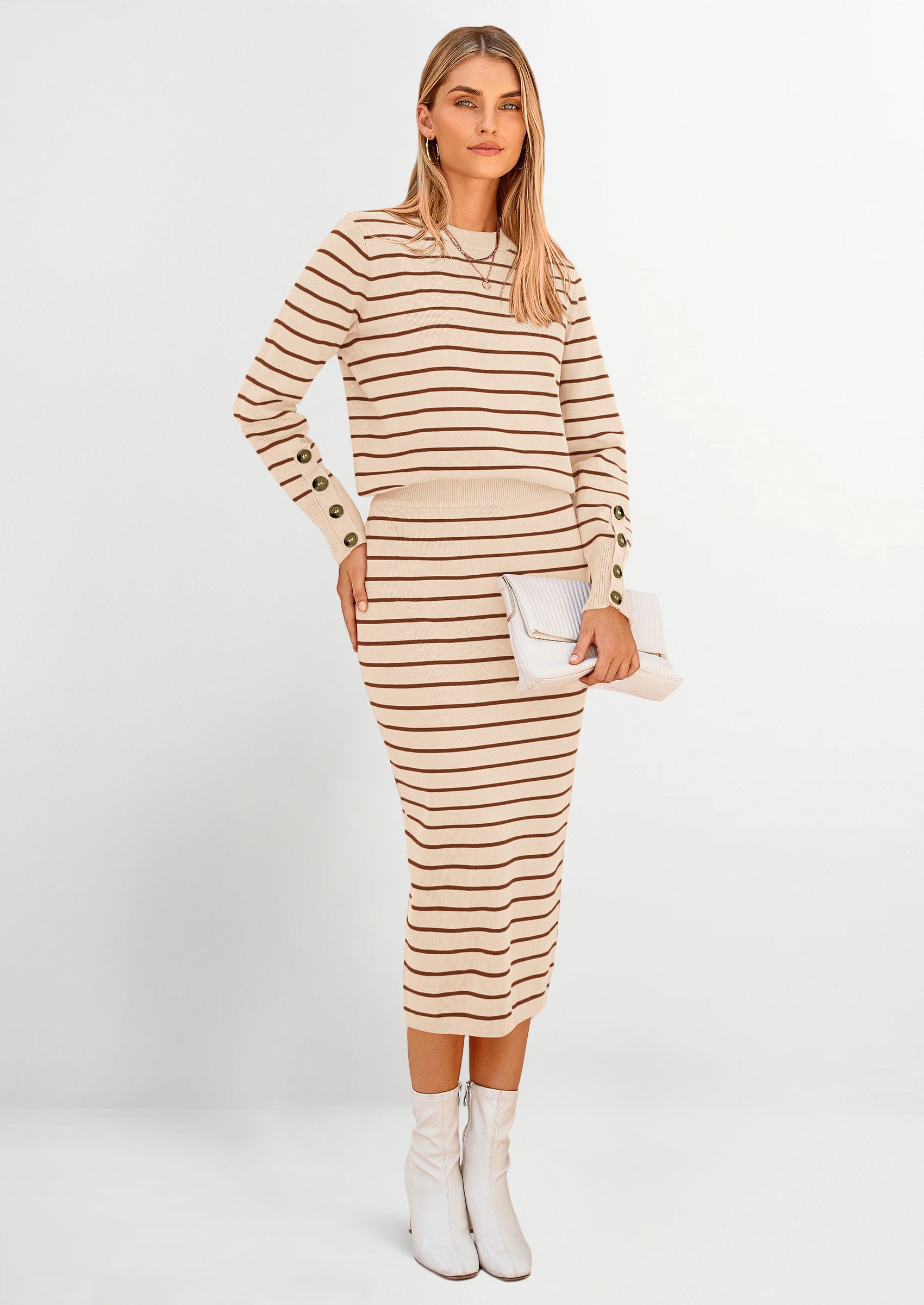 2 piece sweater dress PRETTYGARDEN 2 Piece Skirts Sets For Women Fall Fashion Striped Sweate