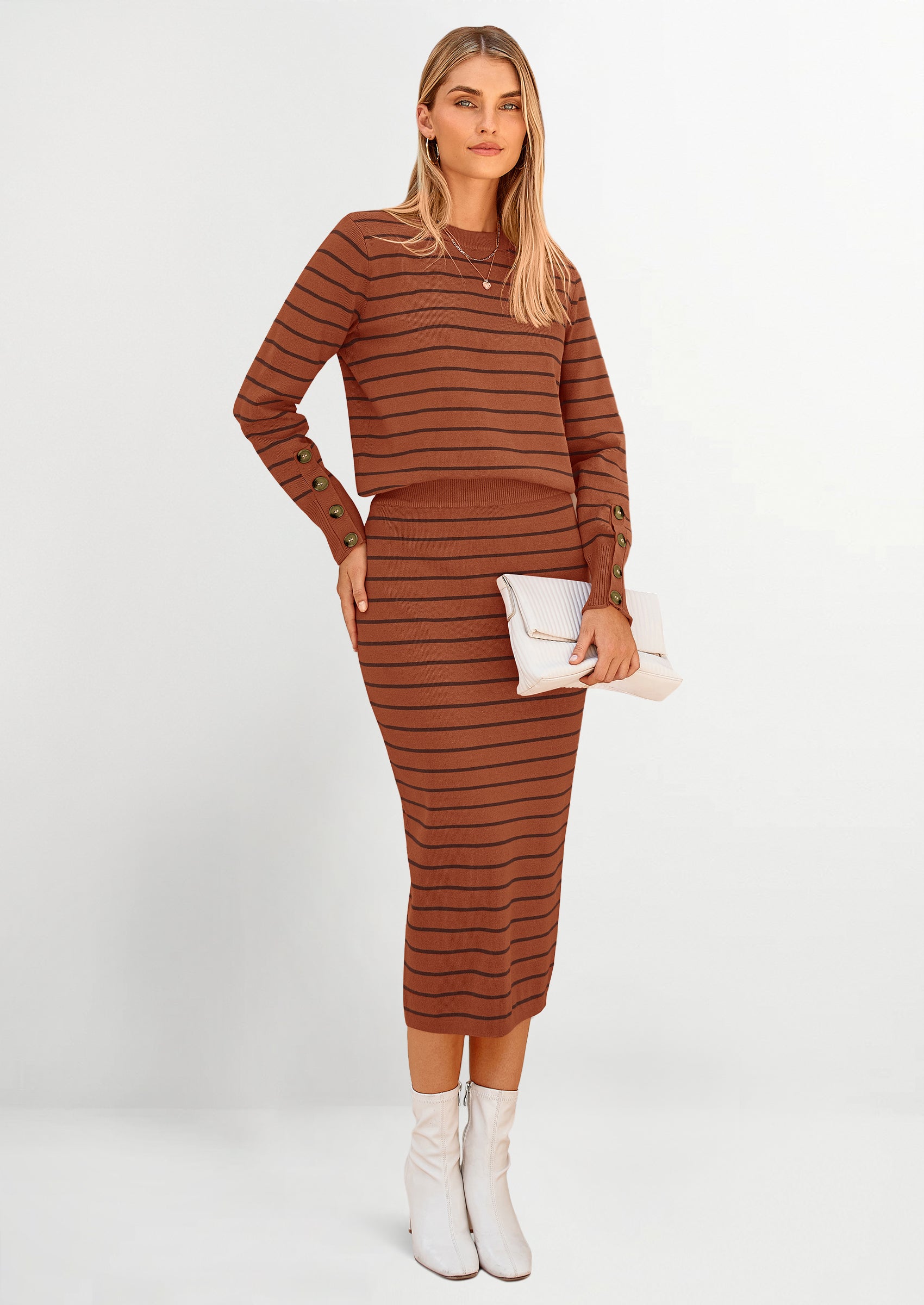 PRETTYGARDEN 2 Piece Skirts Sets For Women Fall Fashion Striped Sweater Dress Knit Lounge Travel Outfits Winter Clothing