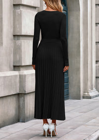 PRETTYGARDEN Women Sweater Dress Fall Fashion Long Sleeve V Neck Ribbed Knit Pleated A Line Elegant Maxi Winter Dresses