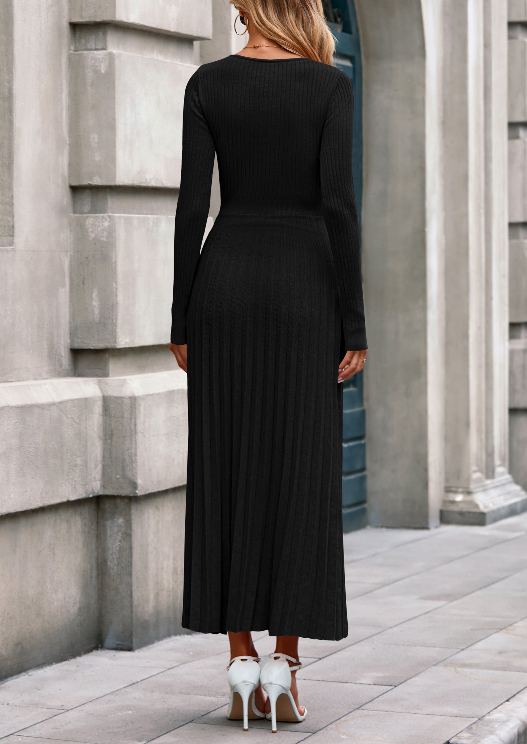 PRETTYGARDEN Women Sweater Dress Fall Fashion Long Sleeve V Neck Ribbed Knit Pleated A Line Elegant Maxi Winter Dresses