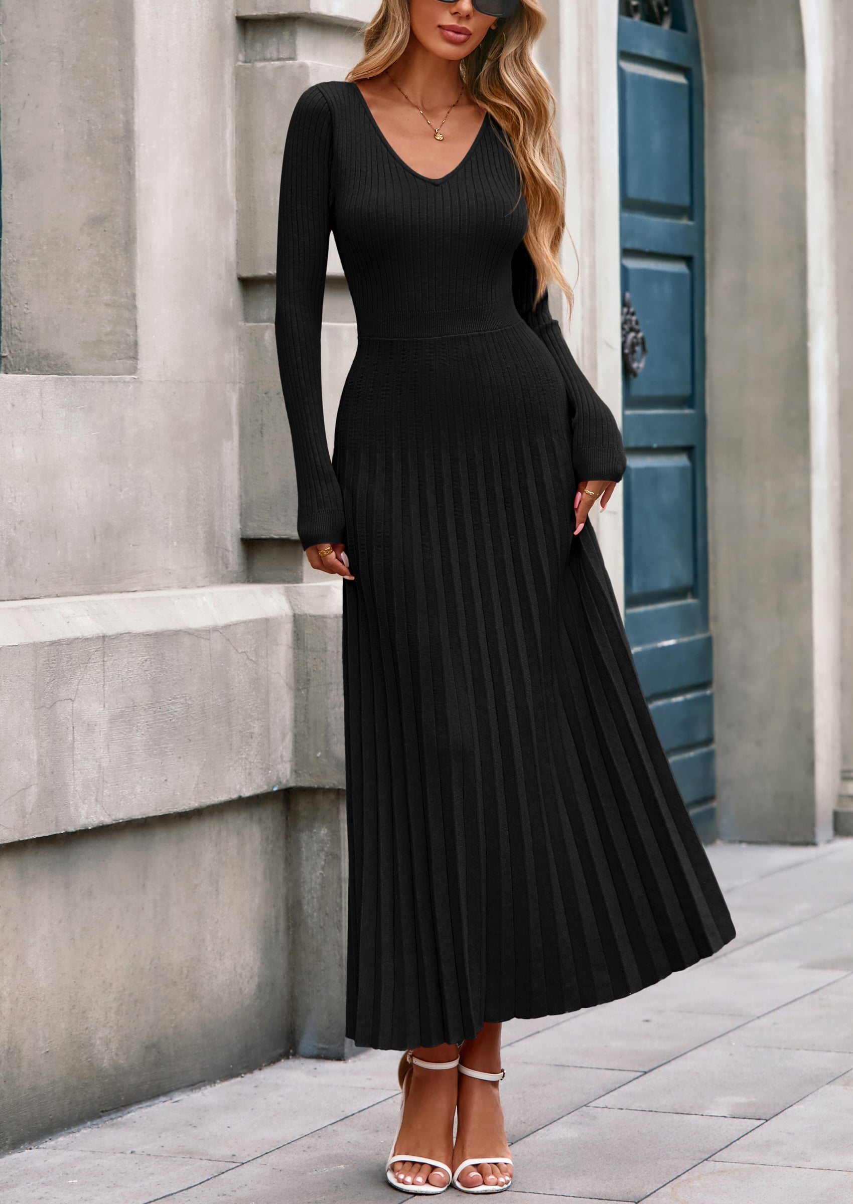 PRETTYGARDEN Women Sweater Dress Fall Fashion Long Sleeve V Neck Ribbed Knit Pleated A Line Elegant Maxi Winter Dresses