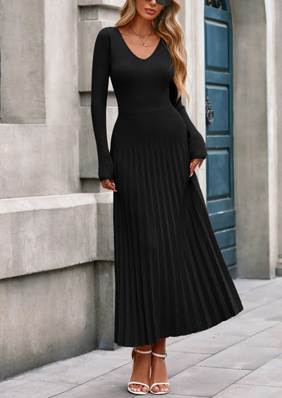 PRETTYGARDEN Women Sweater Dress Fall Fashion Long Sleeve V Neck Ribbed Knit Pleated A Line Elegant Maxi Winter Dresses