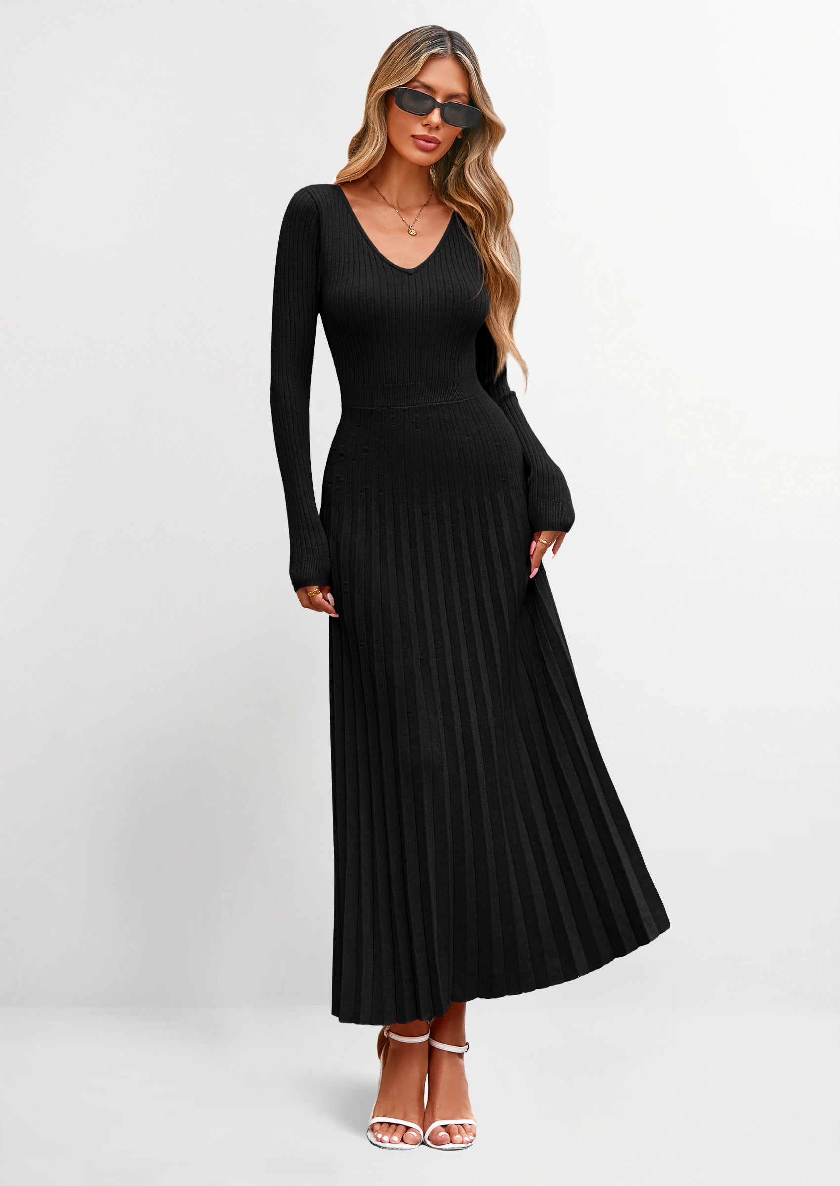 PRETTYGARDEN Women Sweater Dress Fall Fashion Long Sleeve V Neck Ribbed Knit Pleated A Line Elegant Maxi Winter Dresses