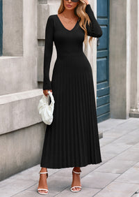 PRETTYGARDEN Women Sweater Dress Fall Fashion Long Sleeve V Neck Ribbed Knit Pleated A Line Elegant Maxi Winter Dresses