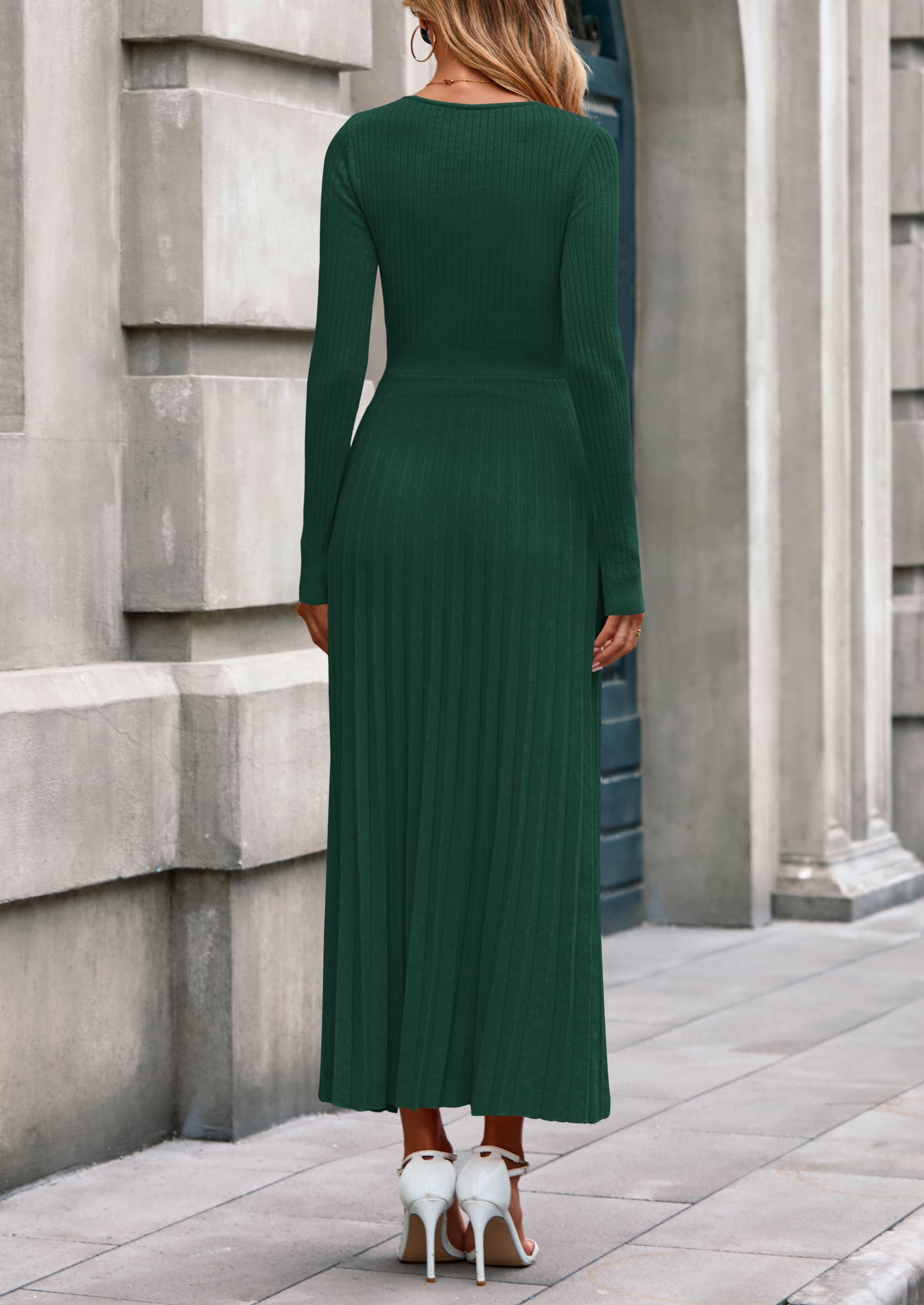 PRETTYGARDEN Women Sweater Dress Fall Fashion Long Sleeve V Neck Ribbed Knit Pleated A Line Elegant Maxi Winter Dresses