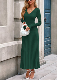 PRETTYGARDEN Women Sweater Dress Fall Fashion Long Sleeve V Neck Ribbed Knit Pleated A Line Elegant Maxi Winter Dresses