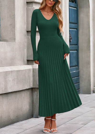 PRETTYGARDEN Women Sweater Dress Fall Fashion Long Sleeve V Neck Ribbed Knit Pleated A Line Elegant Maxi Winter Dresses