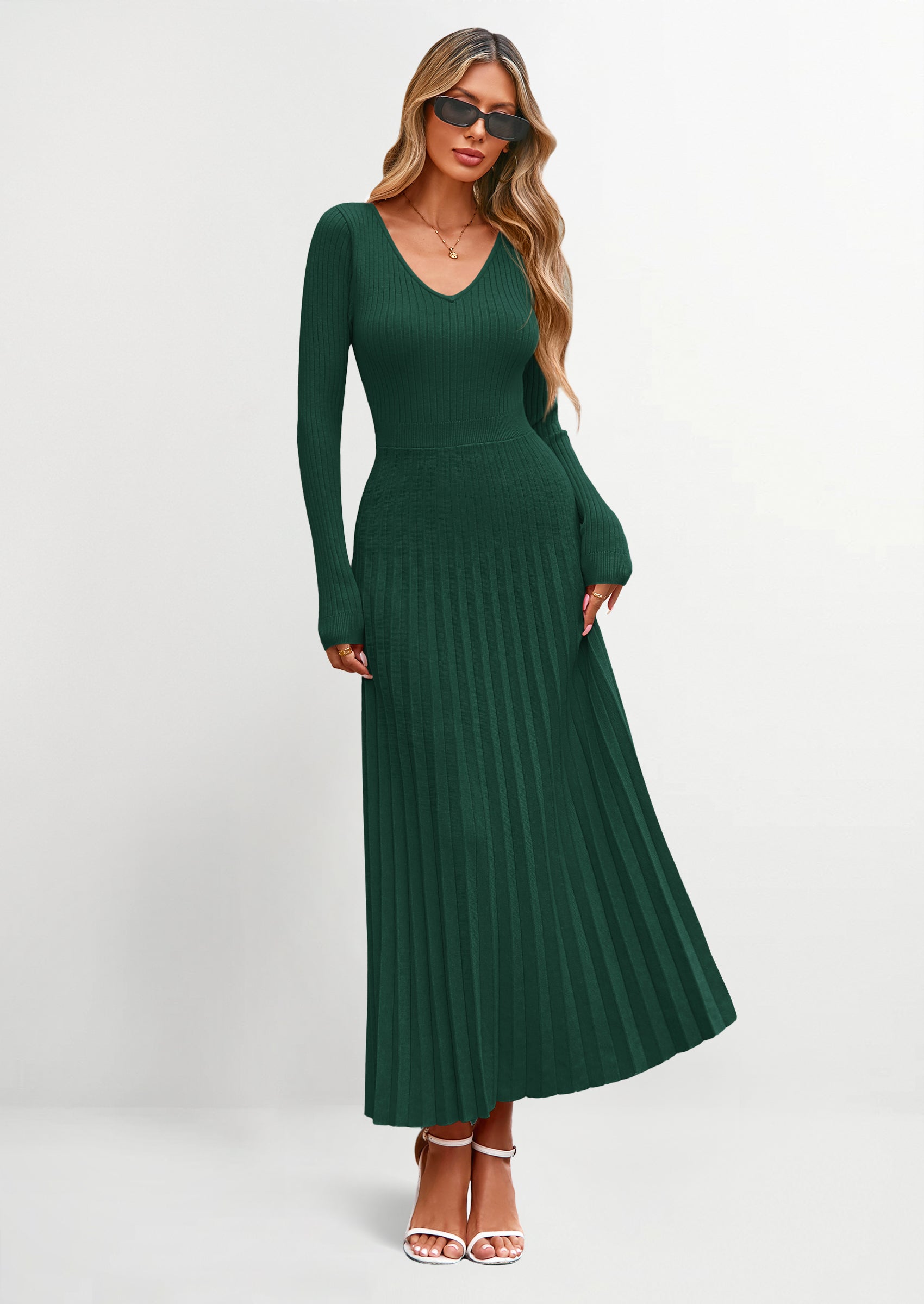 PRETTYGARDEN Women Sweater Dress Fall Fashion Long Sleeve V Neck Ribbed Knit Pleated A Line Elegant Maxi Winter Dresses
