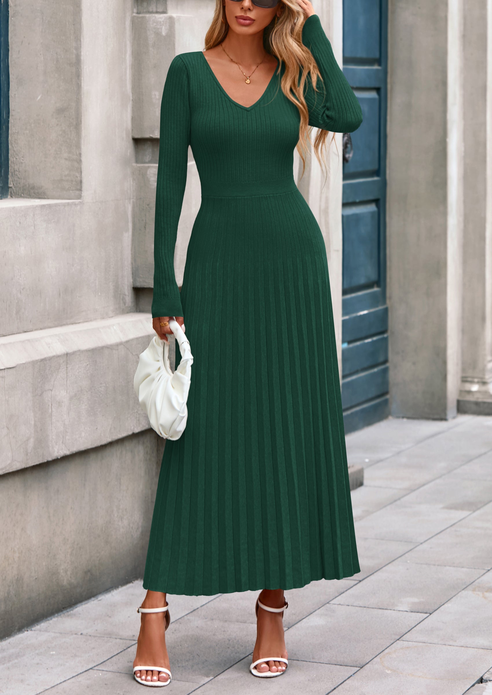 PRETTYGARDEN Women Sweater Dress Fall Fashion Long Sleeve V Neck Ribbed Knit Pleated A Line Elegant Maxi Winter Dresses