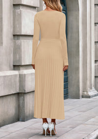 PRETTYGARDEN Women Sweater Dress Fall Fashion Long Sleeve V Neck Ribbed Knit Pleated A Line Elegant Maxi Winter Dresses