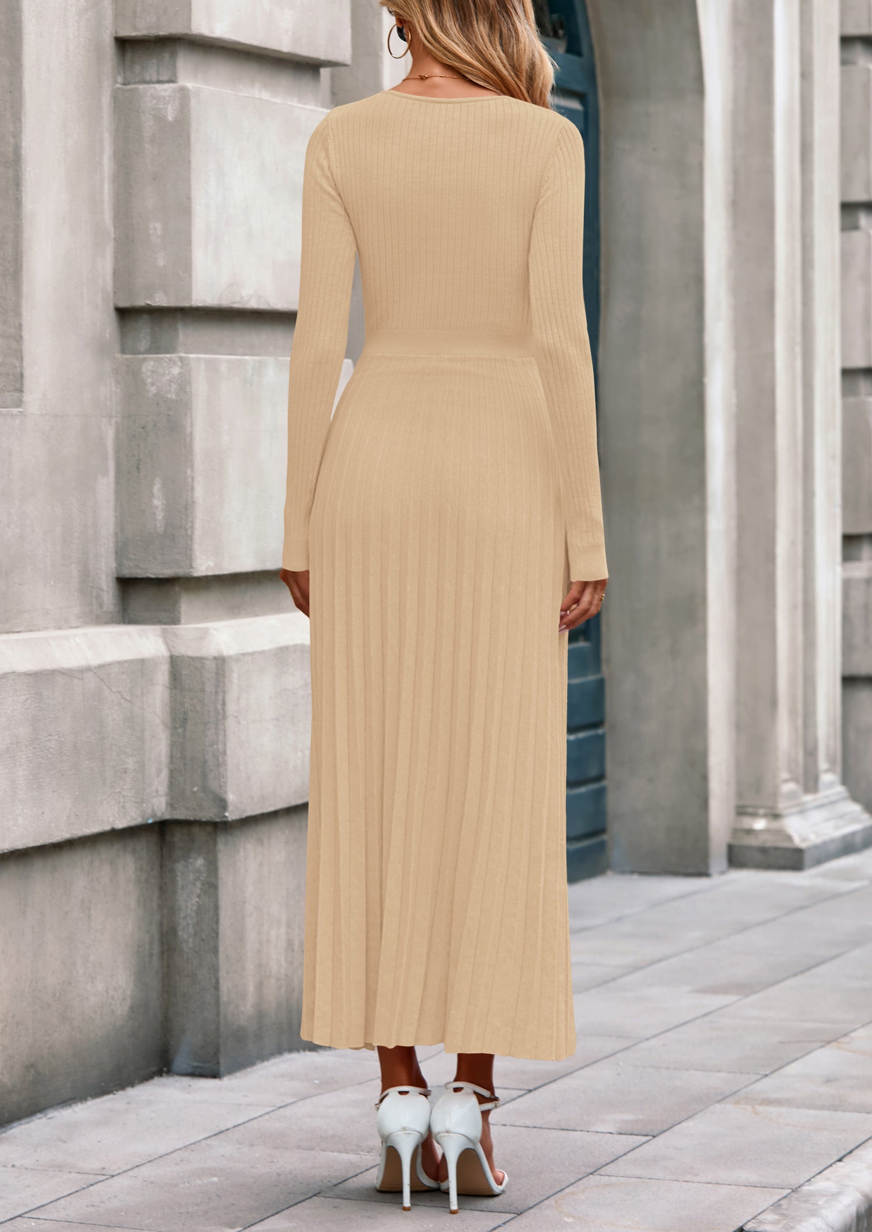 PRETTYGARDEN Women Sweater Dress Fall Fashion Long Sleeve V Neck Ribbed Knit Pleated A Line Elegant Maxi Winter Dresses