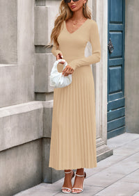 PRETTYGARDEN Women Sweater Dress Fall Fashion Long Sleeve V Neck Ribbed Knit Pleated A Line Elegant Maxi Winter Dresses