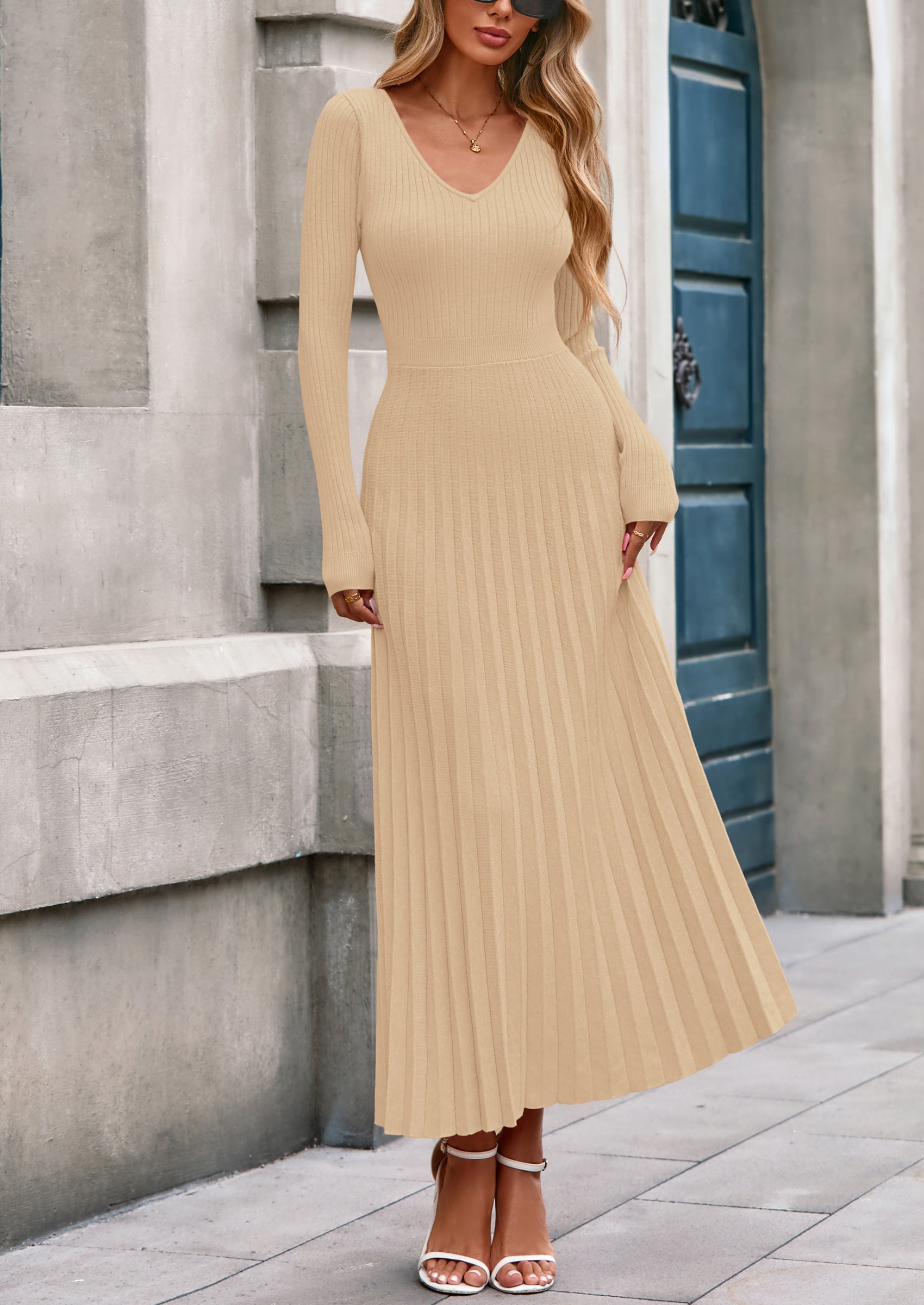 PRETTYGARDEN Women Sweater Dress Fall Fashion Long Sleeve V Neck Ribbed Knit Pleated A Line Elegant Maxi Winter Dresses