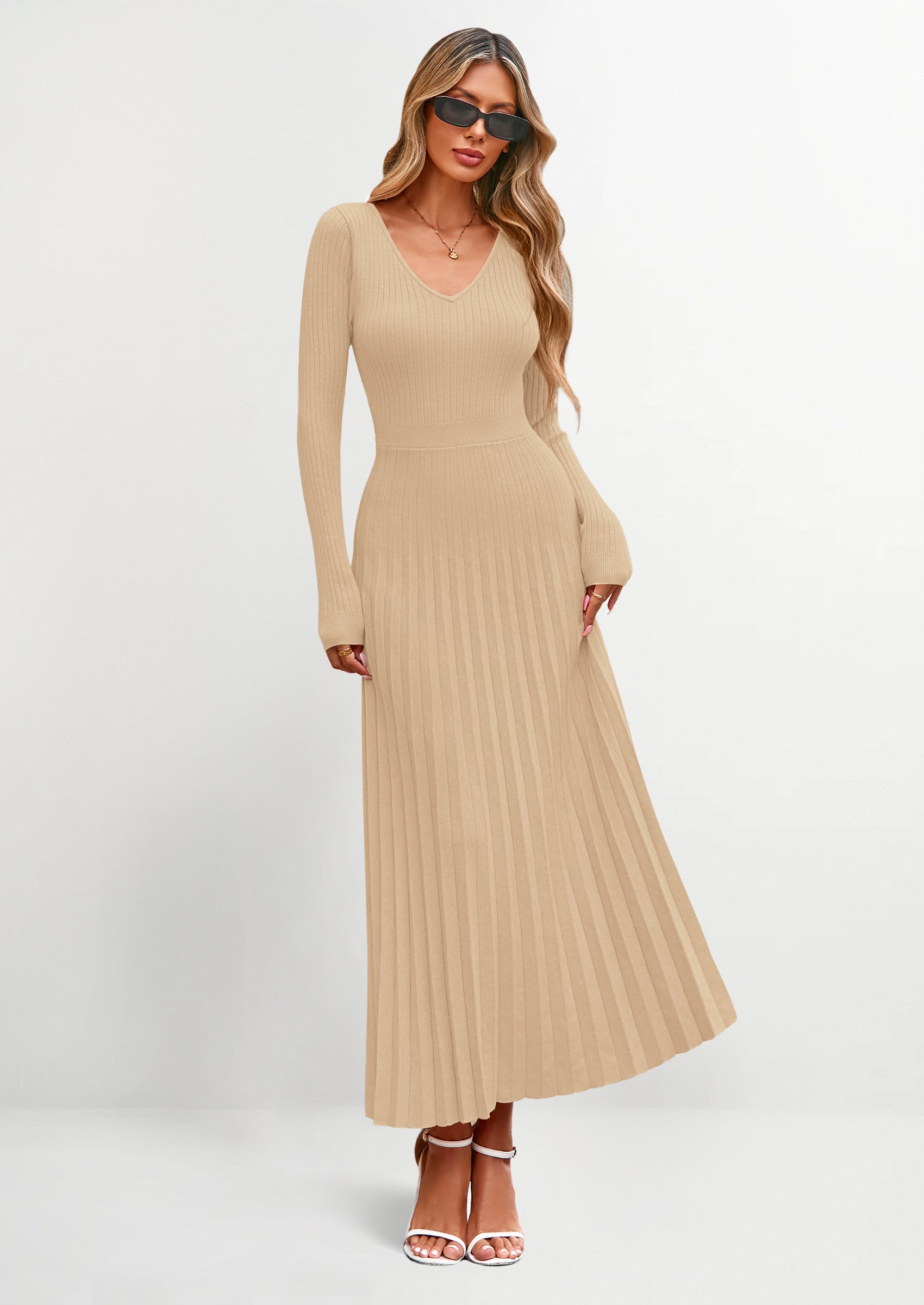 PRETTYGARDEN Women Sweater Dress Fall Fashion Long Sleeve V Neck Ribbed Knit Pleated A Line Elegant Maxi Winter Dresses