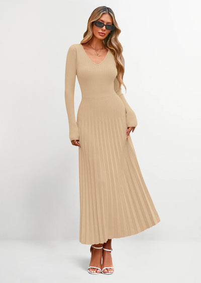 PRETTYGARDEN Women Sweater Dress Fall Fashion Long Sleeve V Neck Ribbed Knit Pleated A Line Elegant Maxi Winter Dresses