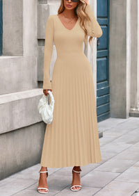PRETTYGARDEN Women Sweater Dress Fall Fashion Long Sleeve V Neck Ribbed Knit Pleated A Line Elegant Maxi Winter Dresses