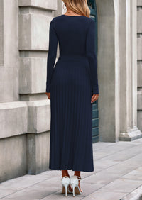 PRETTYGARDEN Women Sweater Dress Fall Fashion Long Sleeve V Neck Ribbed Knit Pleated A Line Elegant Maxi Winter Dresses