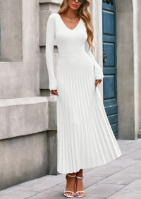 PRETTYGARDEN Women Sweater Dress Fall Fashion Long Sleeve V Neck Ribbed Knit Pleated A Line Elegant Maxi Winter Dresses