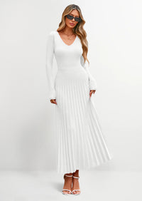 PRETTYGARDEN Women Sweater Dress Fall Fashion Long Sleeve V Neck Ribbed Knit Pleated A Line Elegant Maxi Winter Dresses