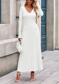 PRETTYGARDEN Women Sweater Dress Fall Fashion Long Sleeve V Neck Ribbed Knit Pleated A Line Elegant Maxi Winter Dresses