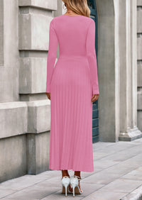 PRETTYGARDEN Women Sweater Dress Fall Fashion Long Sleeve V Neck Ribbed Knit Pleated A Line Elegant Maxi Winter Dresses