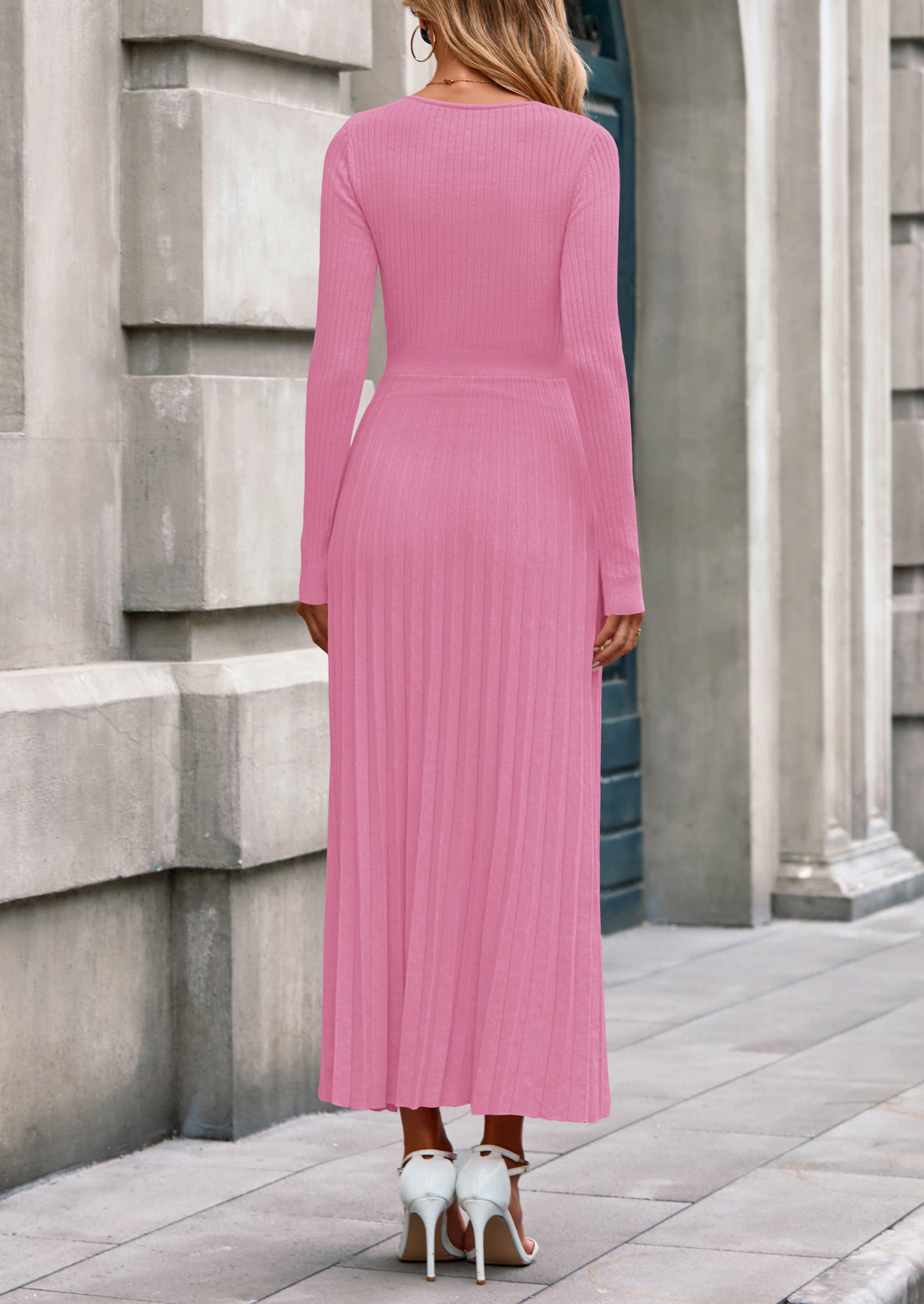 PRETTYGARDEN Women Sweater Dress Fall Fashion Long Sleeve V Neck Ribbed Knit Pleated A Line Elegant Maxi Winter Dresses