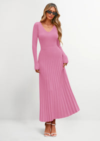 PRETTYGARDEN Women Sweater Dress Fall Fashion Long Sleeve V Neck Ribbed Knit Pleated A Line Elegant Maxi Winter Dresses