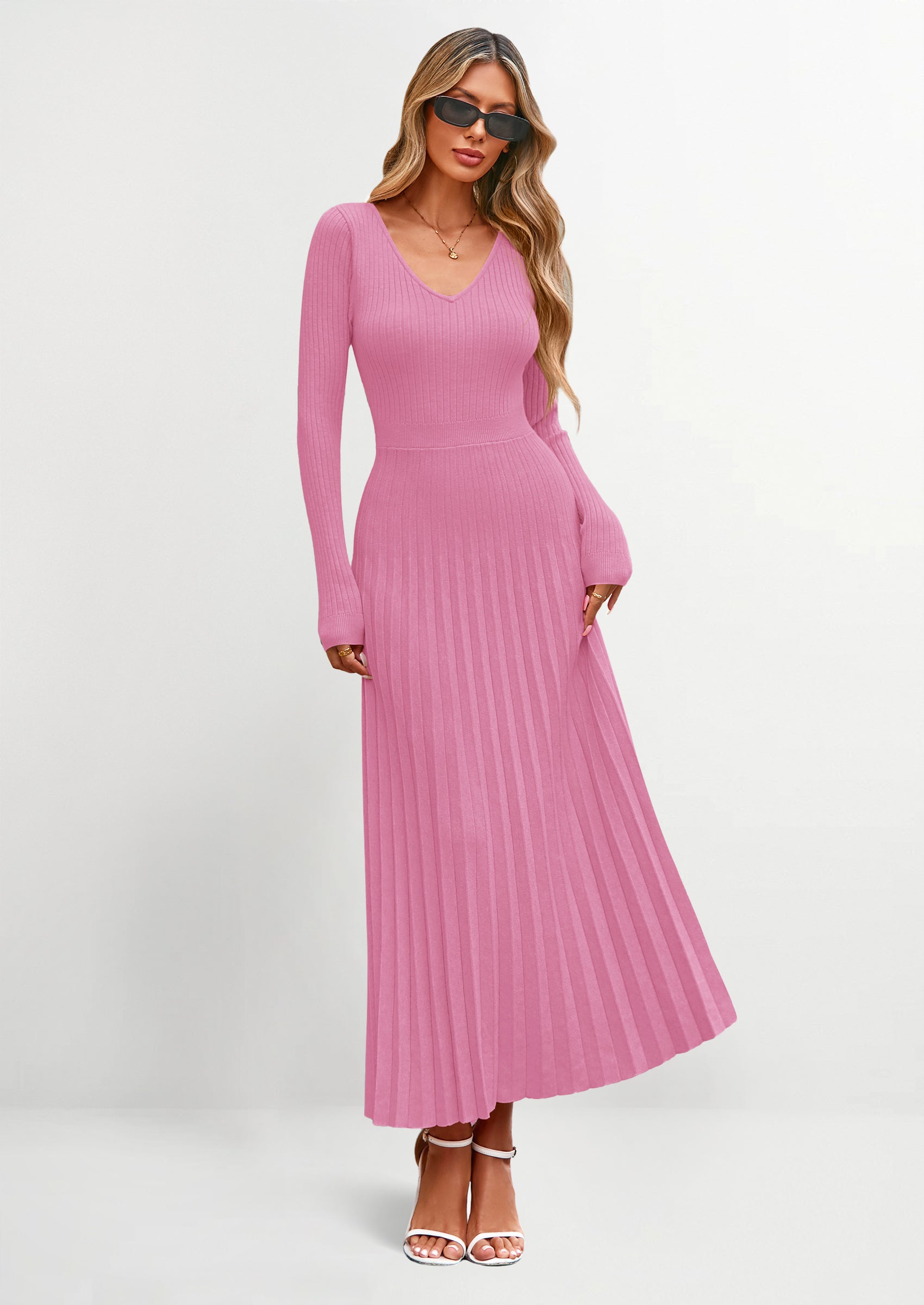 PRETTYGARDEN Women Sweater Dress Fall Fashion Long Sleeve V Neck Ribbed Knit Pleated A Line Elegant Maxi Winter Dresses