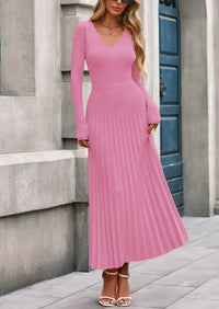 PRETTYGARDEN Women Sweater Dress Fall Fashion Long Sleeve V Neck Ribbed Knit Pleated A Line Elegant Maxi Winter Dresses