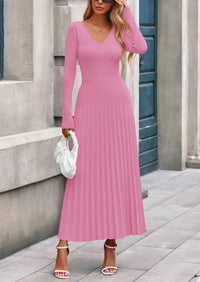 PRETTYGARDEN Women Sweater Dress Fall Fashion Long Sleeve V Neck Ribbed Knit Pleated A Line Elegant Maxi Winter Dresses