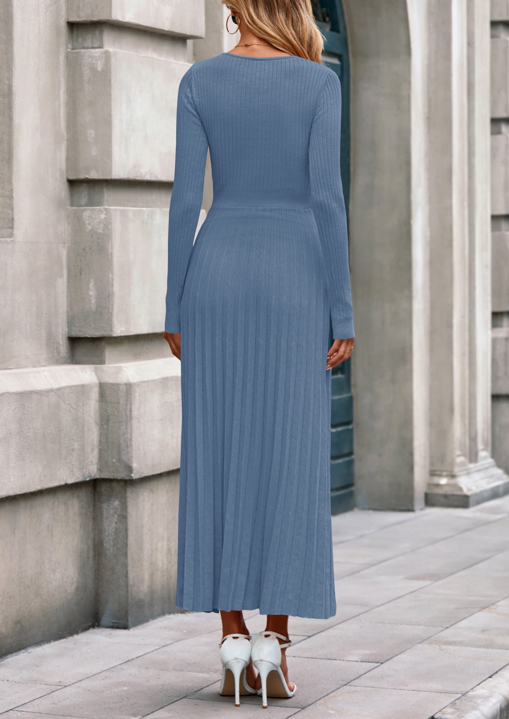 PRETTYGARDEN Women Sweater Dress Fall Fashion Long Sleeve V Neck Ribbed Knit Pleated A Line Elegant Maxi Winter Dresses